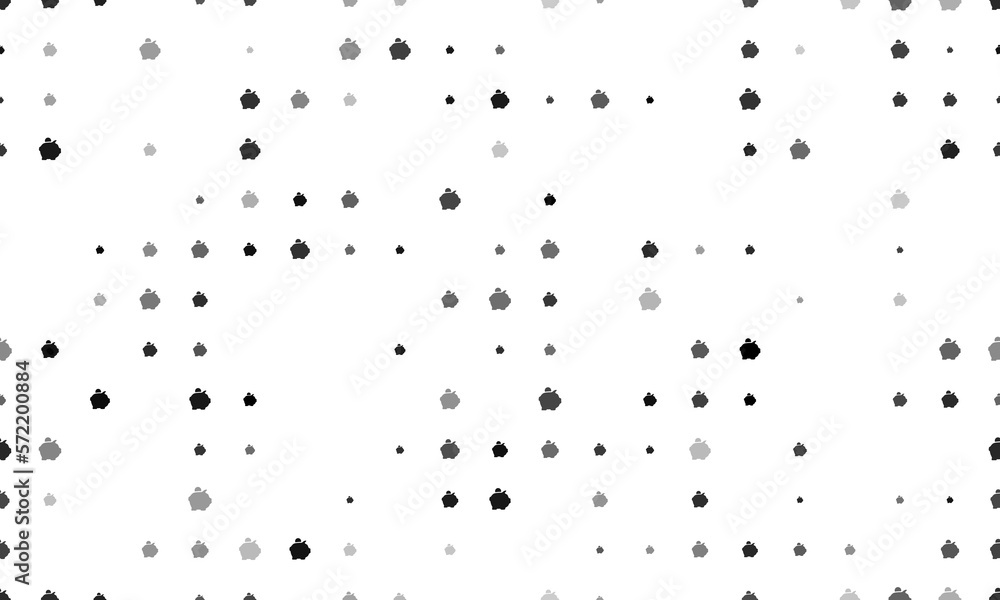 Poster seamless background pattern of evenly spaced black piggy bank symbols of different sizes and opacity