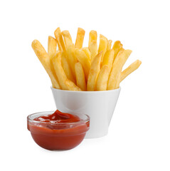 Bowl of delicious french fries with ketchup on white background