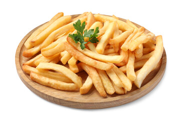Wooden plate of delicious french fries on white background