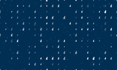 Seamless background pattern of evenly spaced white cat symbols of different sizes and opacity. Vector illustration on dark blue background with stars
