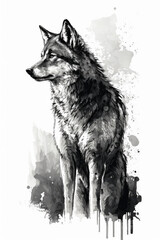 Ai artwork greyscale sketch of a wolf standing and looking to the left. Generative ai.