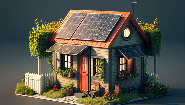 Tiny Haus mit Solar Modulen als 3D Illustration Generative AI