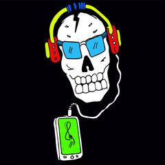 skull with earphones, doodle vector