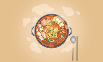 한국 음식 부대찌개, Korean stew Budae Jjigae, spicy sausage army base stew illustration, vector