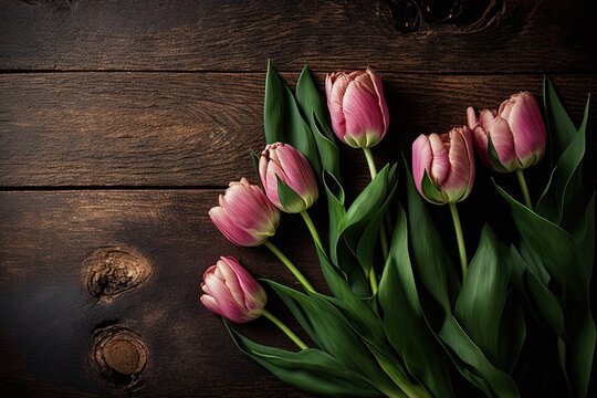 Pink tulip flowers bouquet on dark brown wooden table. Flat lay with copy space generated by AI