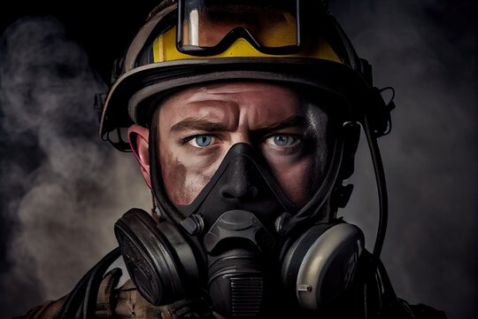 Firefighter with respirator on face. A soldier in a gas mask. Nuclear war and radiation protection. Close up portrait of a serious fireman wears an oxygen mask. Generative AI