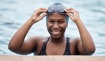 Training, portrait or happy black woman in swimming pool or water for practice, workout or body...