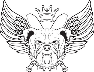 The head of a bulldog on the background of a baseball bat with wings. Vector illustration, line art. Sports logo. Tattoo sketch.
