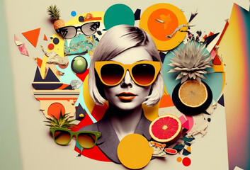 Abstract modern art collage portrait of young woman. Trendy paper collage composition. Generative ai