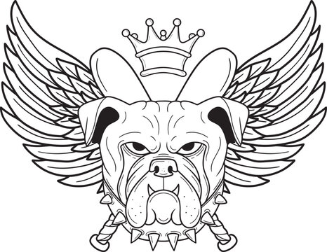 The head of a bulldog on the background of a baseball bat with wings. Vector illustration, line art. Sports logo. Tattoo sketch.
