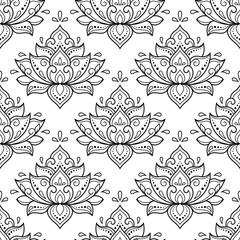 Seamless decorative ornament in ethnic oriental style. Lotus flower for Henna, Mehndi, tattoo, decoration. Doodle outline hand draw vector illustration.