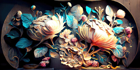 A stunning 3D mural artwork on a wall created by a florist, featuring vibrant and colorful flowers, along with birds, adding a touch of nature and beauty to the space.