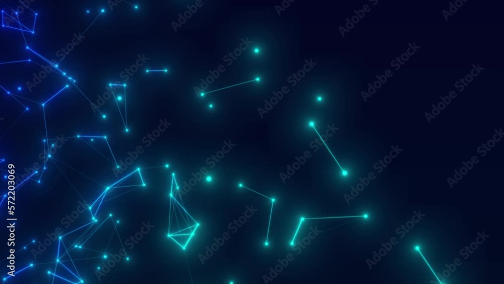 Poster glowing blue plexus network flying on black background. abstract plexus dot moving on black bg, poly