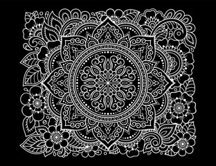 Outline floral pattern in mehndi style for coloring book page. Antistress for adults and children. Doodle ornament in black and white. Hand draw vector illustration.