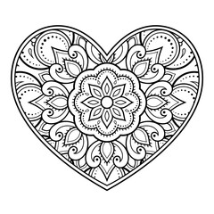 Mehndi flower pattern in form of heart for Henna drawing and tattoo. Decoration in ethnic oriental, Indian style. Valentine's day greetings. Coloring book page.