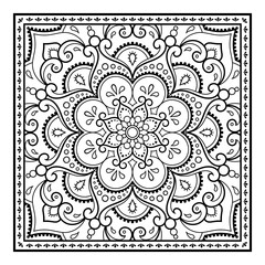 Decorative pattern of flowers and paisley for printing on fabric. Ornament for a bandana, a silk neckerchief, a tablecloth or a kerchief. Square sketch in tribal or oriental style.