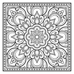 Decorative pattern of flowers and paisley for printing on fabric. Ornament for a bandana, a silk neckerchief, a tablecloth or a kerchief. Square sketch in tribal or oriental style.
