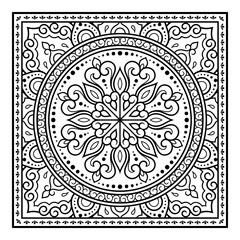 Decorative pattern of flowers and paisley for printing on fabric. Ornament for a bandana, a silk neckerchief, a tablecloth or a kerchief. Square sketch in tribal or oriental style.