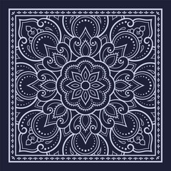 Circular pattern in form of mandala with flower for Henna, Mehndi, decoration. Blue decorative ornament in ethnic oriental style for a bandana. Outline doodle hand draw vector illustration.