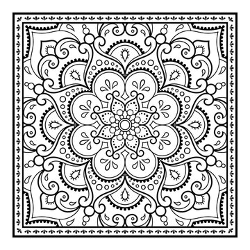 Decorative pattern of flowers and paisley for printing on fabric. Ornament for a bandana, a silk neckerchief, a tablecloth or a kerchief. Square sketch in tribal or oriental style.