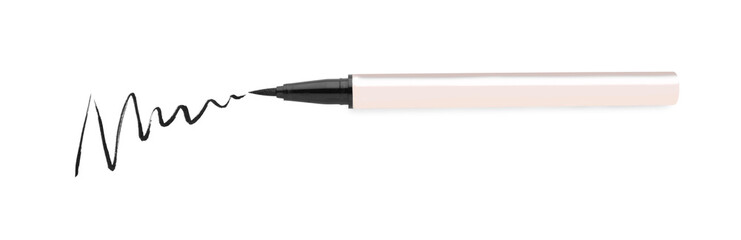 Eyeliner marker and stroke on white background, top view. Makeup product