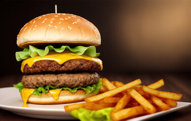 Big Hamburger with French Fries on a plate. Studio shot of Tasty american fast food on black background with copy space.