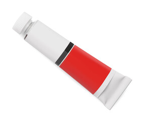 Tube with red oil paint on white background, top view