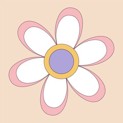 Retro 70s Groovy Hippie sticker daisy flower. Psychedelic cartoon element -funky illustration in vintage hippy style. Vector flat illustration for banner, flyer, invitation, card.