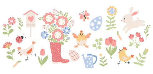 Naklejka premium Spring time. Easter collection of paschal animal rabbit, chick and poultry, eggs, flowers, rubber boots with bouquet, watering can and ladybug. Vector illustration. Isolated elements in flat style.