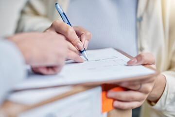 Delivery, supplier and package with hands and sign invoice, small business, owner and supply chain. Online shopping, ecommerce and commercial with retail, people with inventory with pen and shipping