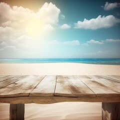 Fototapeta premium sea with wooden floor in the foreground on the horizon sandy beach. generation al.