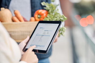 Tablet in hands, digital invoice and delivery man with small business stock, owner and supply chain with vegetables outdoor. Hospitality, organic product and woman does inventory check with tech - obrazy, fototapety, plakaty