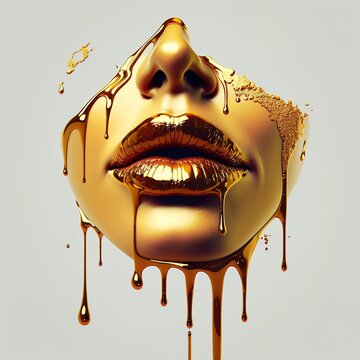 Spots of gold paint dripping from the face, lips and hands, lip gloss dripping from the lips, golden liquid drops on the girl's mouth, golden metallic skin makeup. generation al