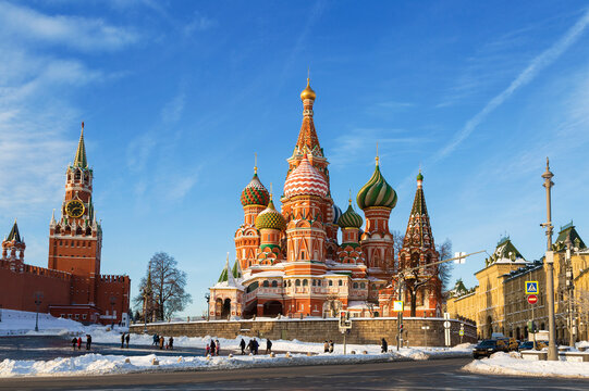 Winter Moscow. Vasilevsky Descent with  St. Basil's Cathedral, the Kremlin and the Spasskaya Tower on a sunny winter day. Russia