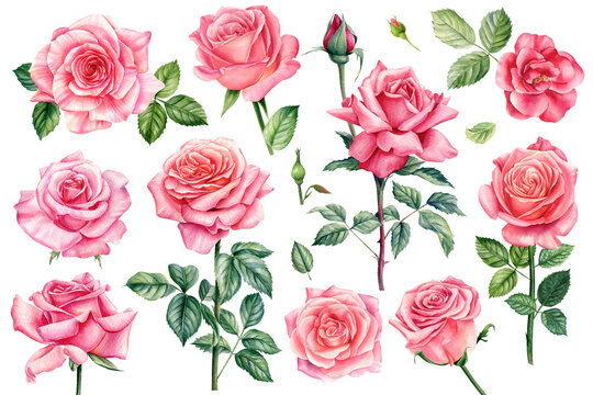 Pink flowers set. Roses, buds and leaves on white background, watercolor illustration, floral clipart Botanical painting