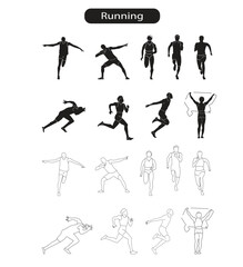 Running Sport Silhouette and Line Icon Set 