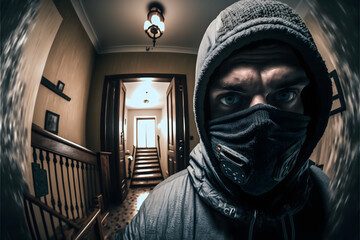 Balaclava thief steals from house view from security camera created with generative AI technology