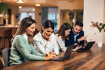 Adult group of business people working together, sitting at the office.