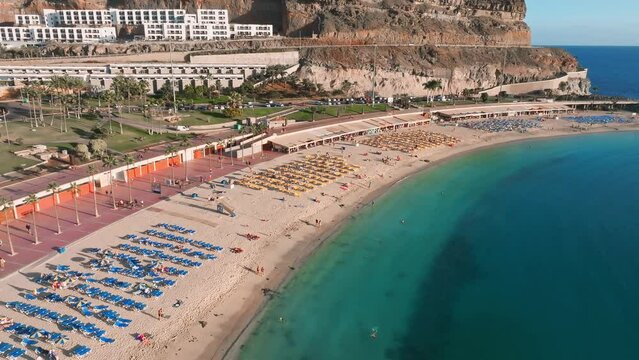Aerial view of the Amadores beach on the Gran Canaria island in Spain. The most beautiful beach on the Canary islands.