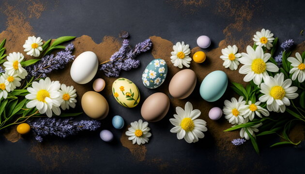 Stylish Easter eggs and blooming spring flowers on the background. Rustic Easter still life.