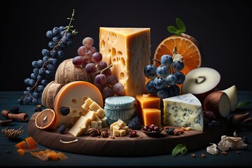 A fine cheese board with a variety of cheeses, fruits and nuts