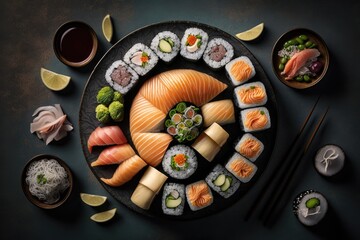 A traditional sushi platter, with salmon, tuna and avocado rolls