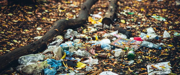 Garbage pile in autumn forest. Toxic plastic into nature everywhere. Rubbish heap in park among...