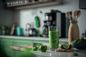 A fresh green smoothie in a bright kitchen
