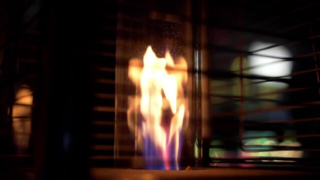 CU of fire blazing inside space heater in slow motion 60fps.
