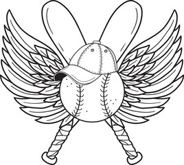 Hand drawn vector illustration. Baseball ball with wings in a cap, against the background of crossed bats. Sports logo, tattoo sketch, line art.
