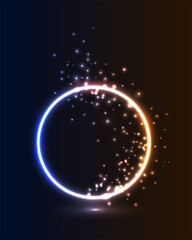 Neon round frame with lights and highlights on a dark blue background. Abstract futuristic geometric neon light background. Vector illustration.