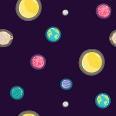 Space Seamless Pattern with Planets and Stars. Doodle Cartoon Cute Saturn Planet. Space Vector Background for Kids.