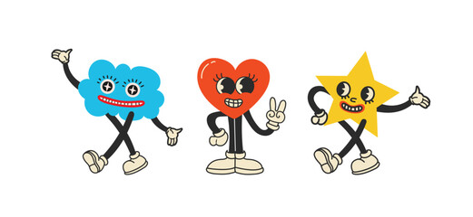 Groovy hippie love sticker character. Comic happy mushroom, hot dog and cloud character with wings in trendy retro 60s 70s cartoon style. Vintage isolated vector illustration.