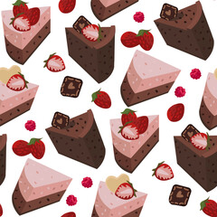A set of pieces of chocolate and strawberry cake. Dessert with decorative elements of strawberries. Background for printing on textiles and paper. Seamless gift wrapping for the birthday party